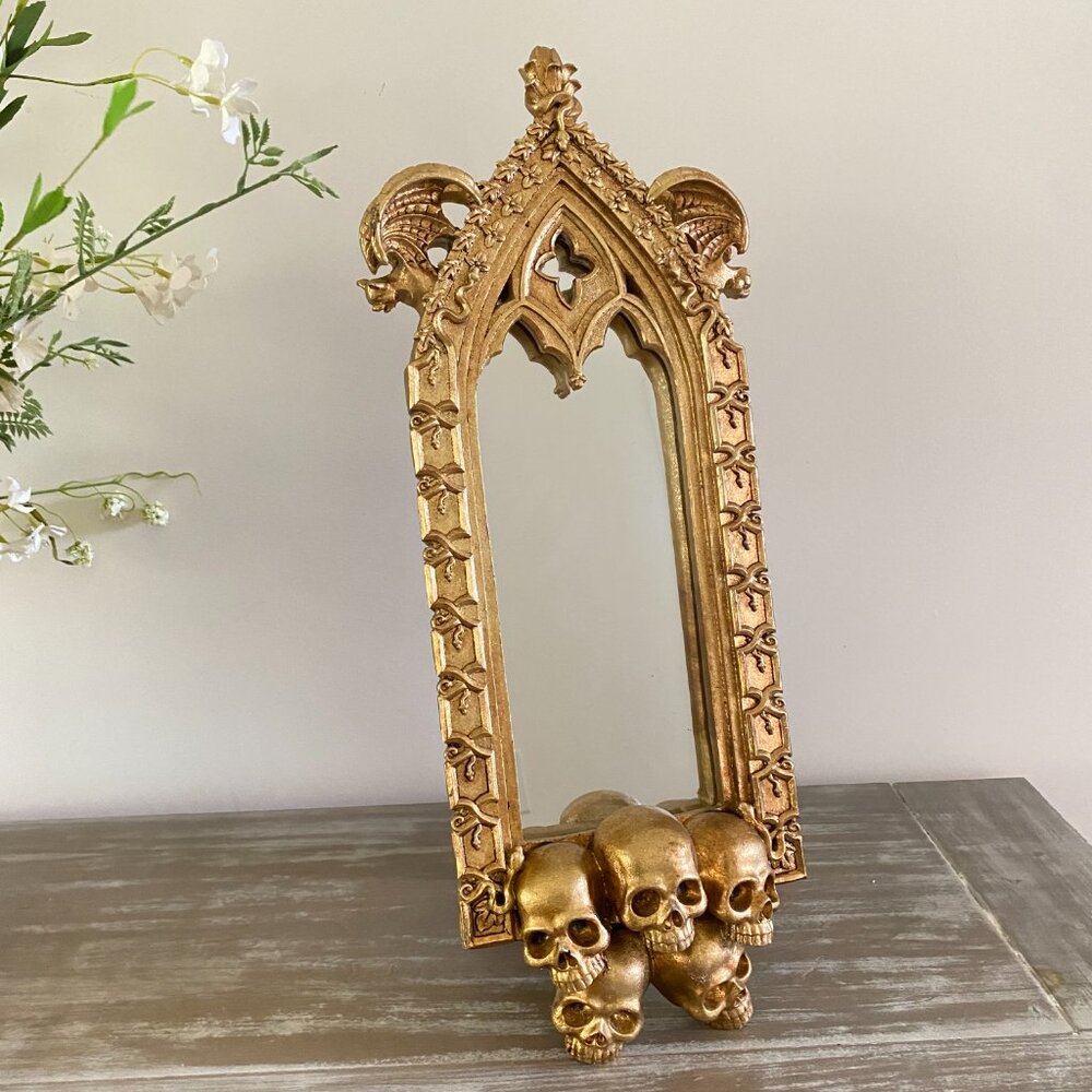Christian Siriano Halloween Gold Gothic Skulls Gargoyle Arched Mirror Tabletop